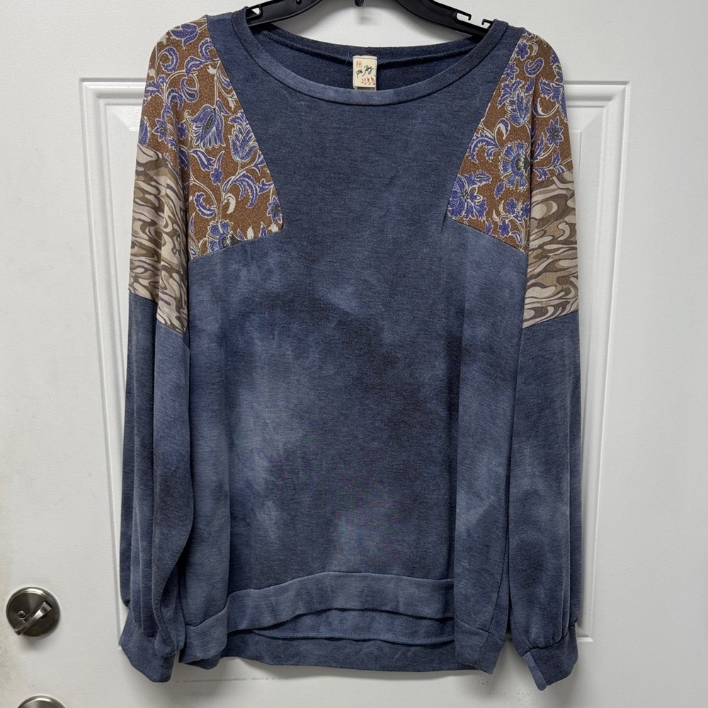 7th Ray Blue and Brown Patterned Long Sleeve Blouse